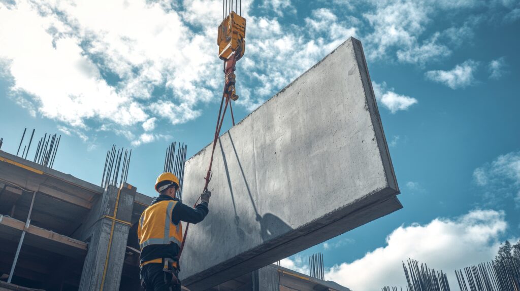 Construction Worker Using a Crane to Lift a Concrete Beam