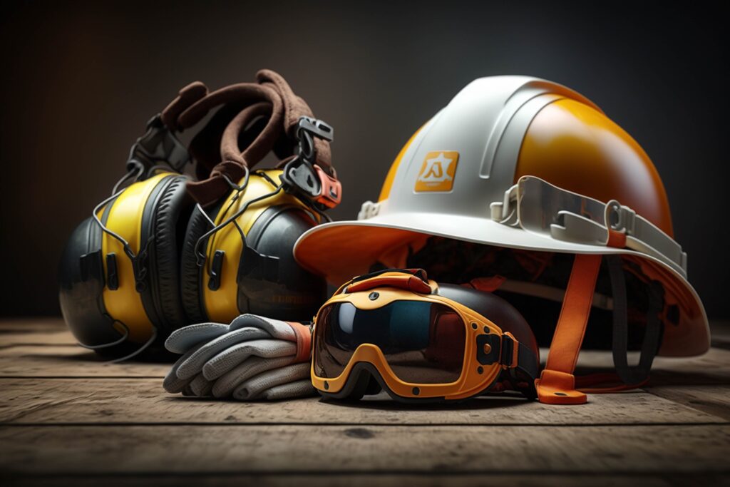 Construction PPE gear, including helmet, goggles, and ear protection, supporting workplace PPE compliance guidelines.