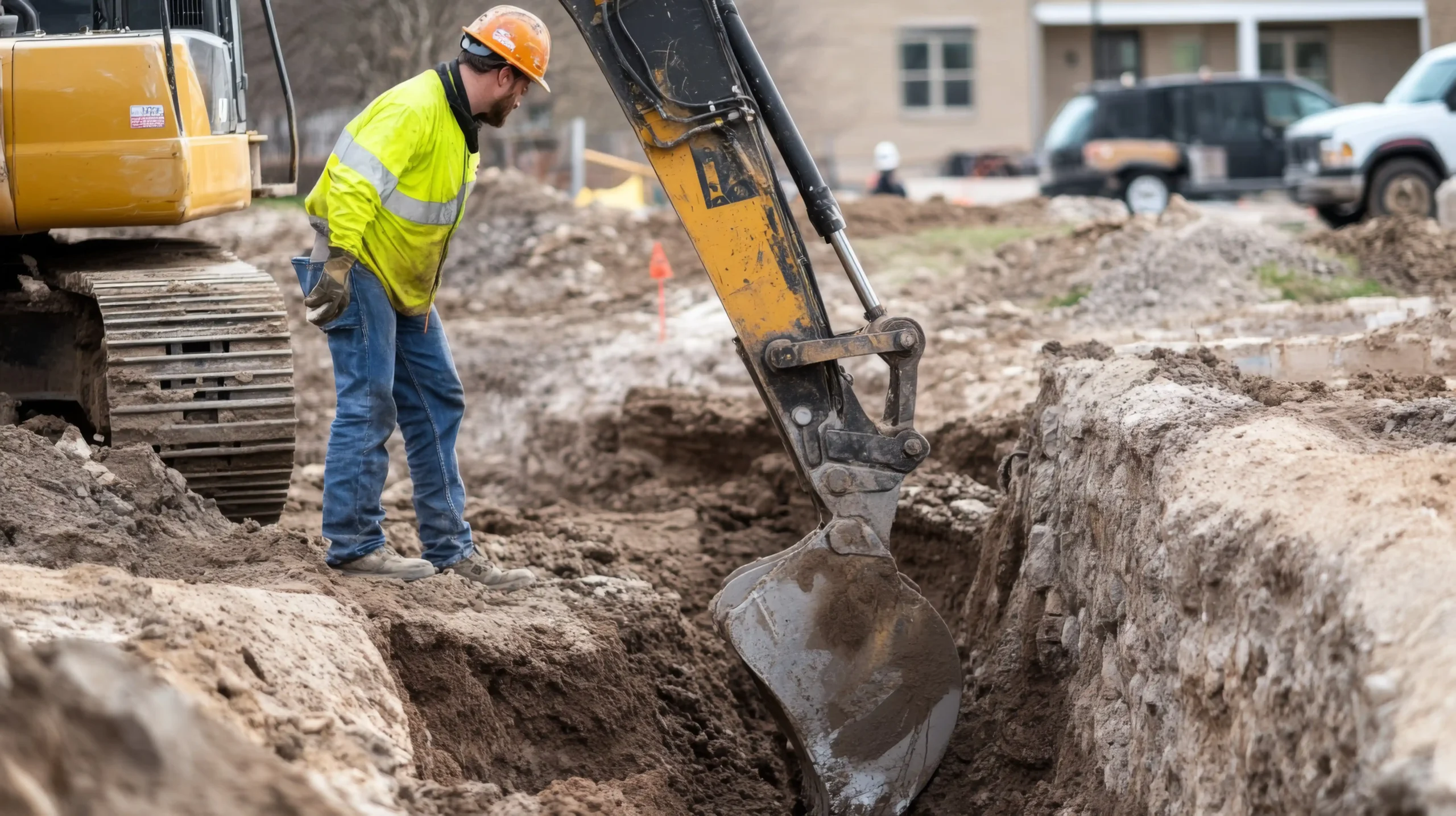 Construction worker monitoring ground disturbance excavation with heavy equipment to prevent utility strikes and safety violations.
