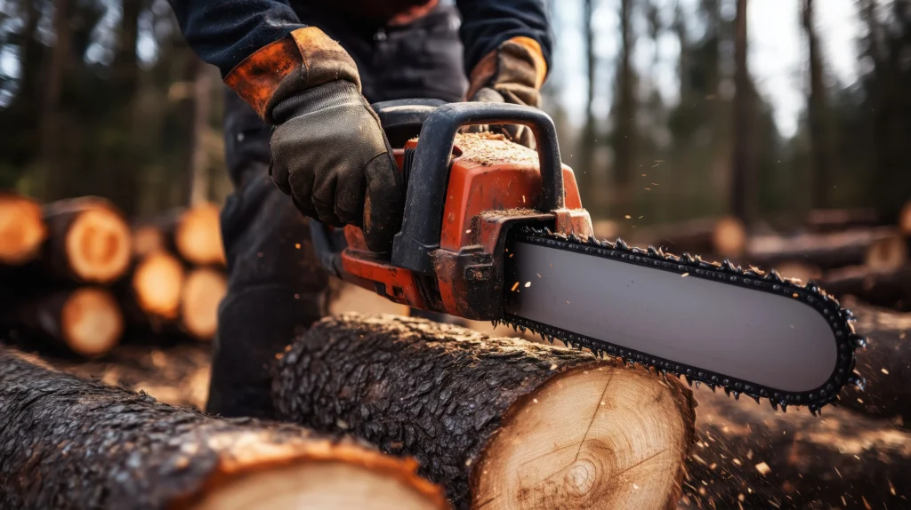 Logger cutting wood with chainsaw on jobsite while wearing safety boots and protective gear.