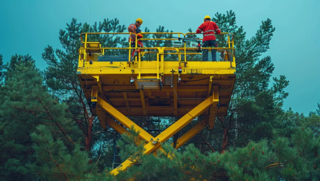 Crew using an elevated aerial lift platform during inspection with focus on preventing common aerial lift hazards