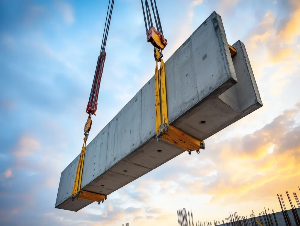 Precast concrete beam being hoisted by crane using proper sling setup.