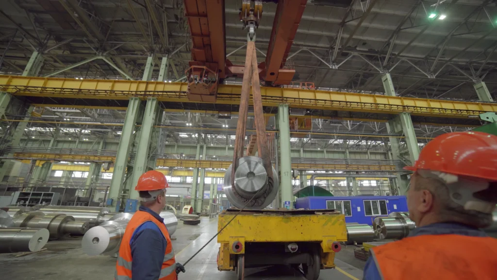 Two riggers guiding a suspended load with tag lines, emphasizing teamwork and safe load control during lifting operations.